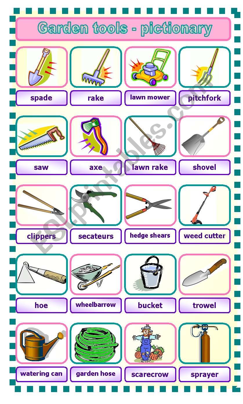 Garden tools - pictionary worksheet