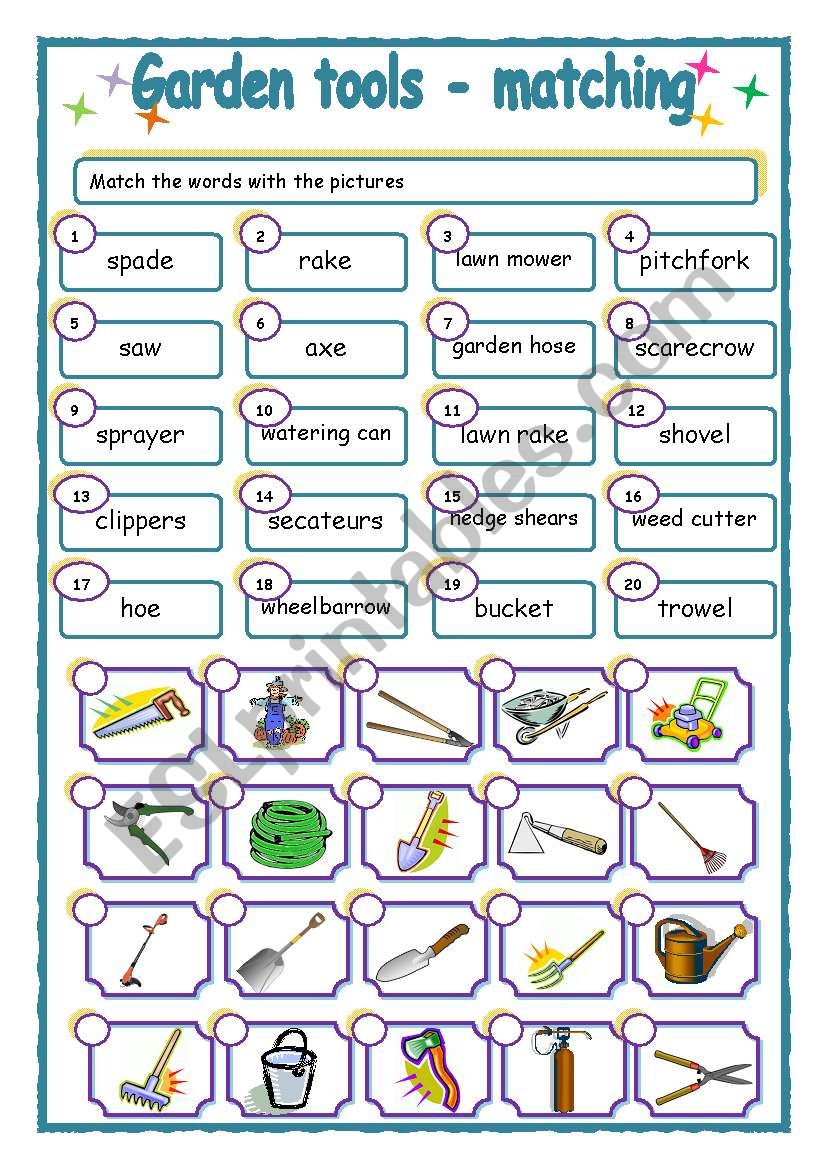 Garden tools - matching worksheet