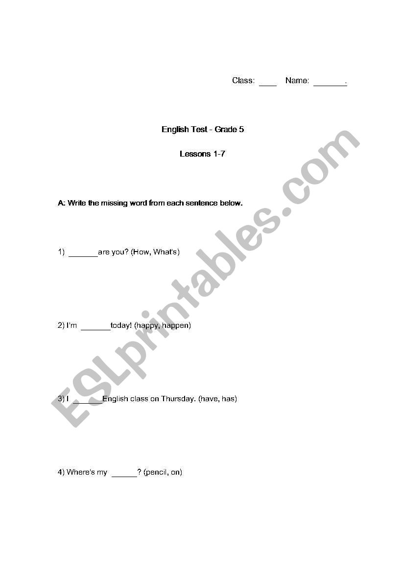 Grade 5 Elementary School English Test