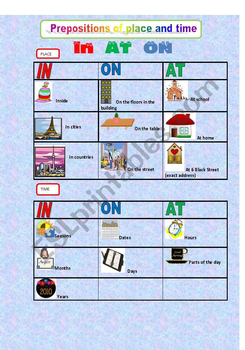 Prepositions of place and time.