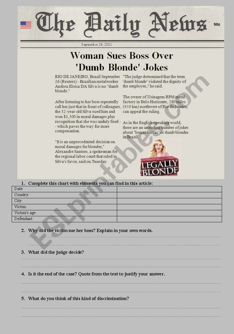 Blonde sues boss worksheet