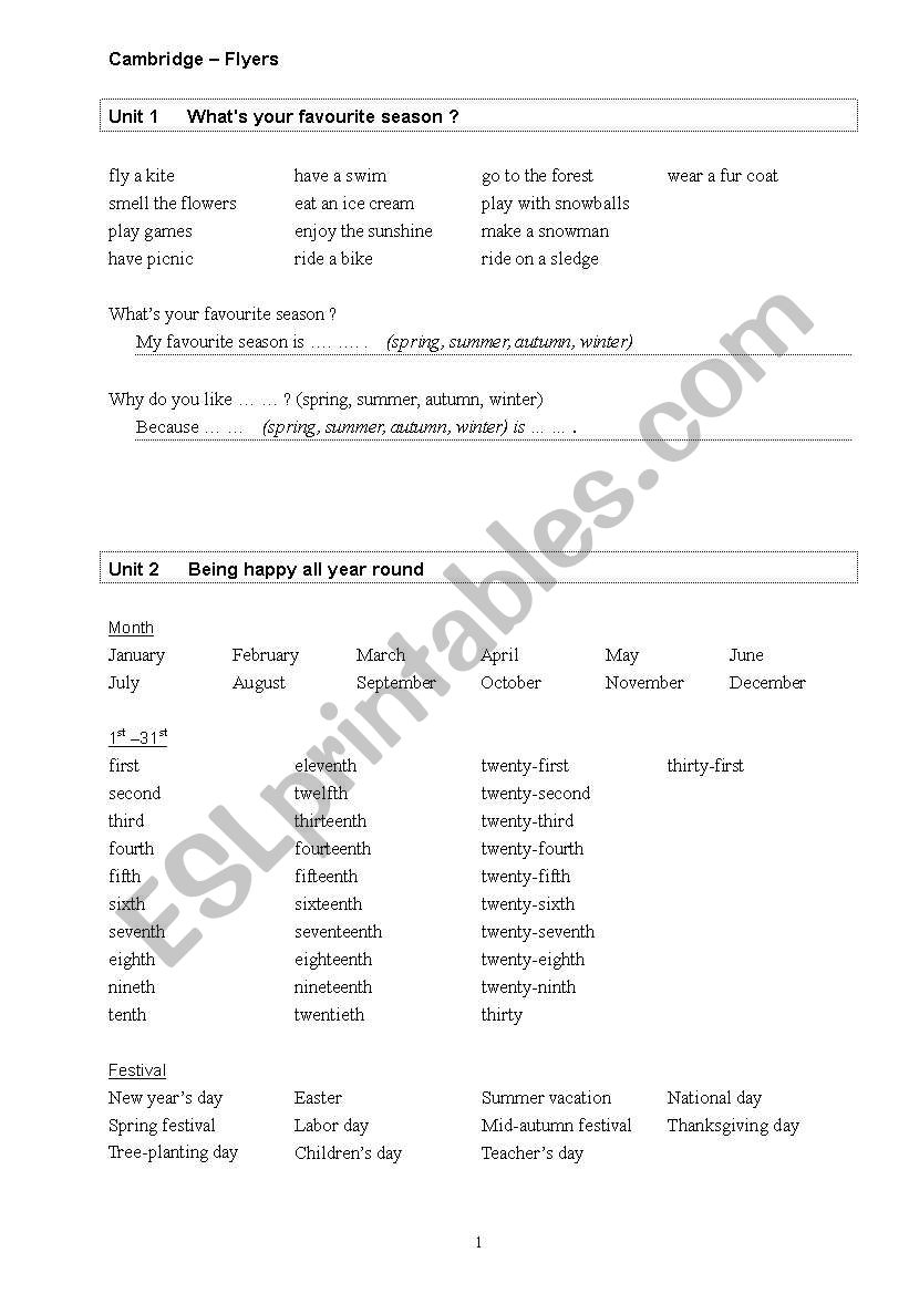 Cambridge Flyers full content worksheet