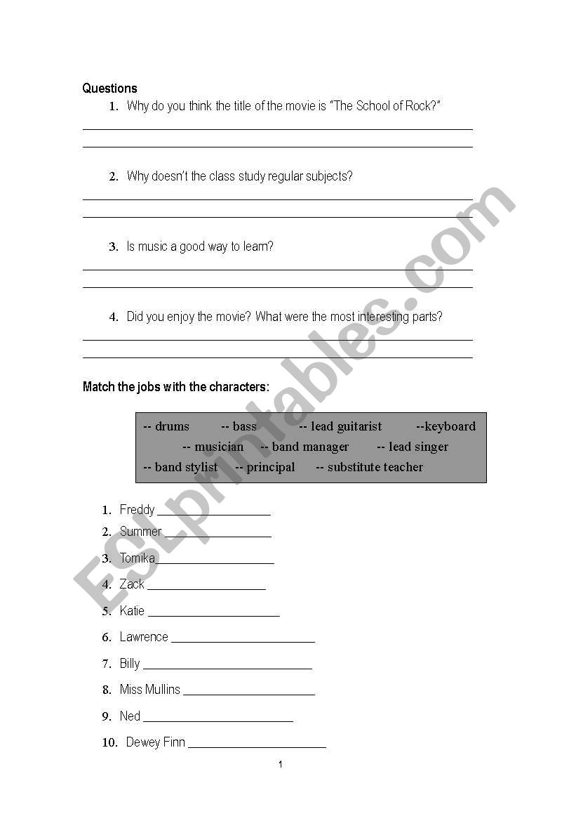 School of Rock -- Worksheet worksheet