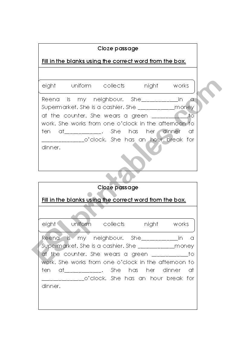 cloze passage worksheet