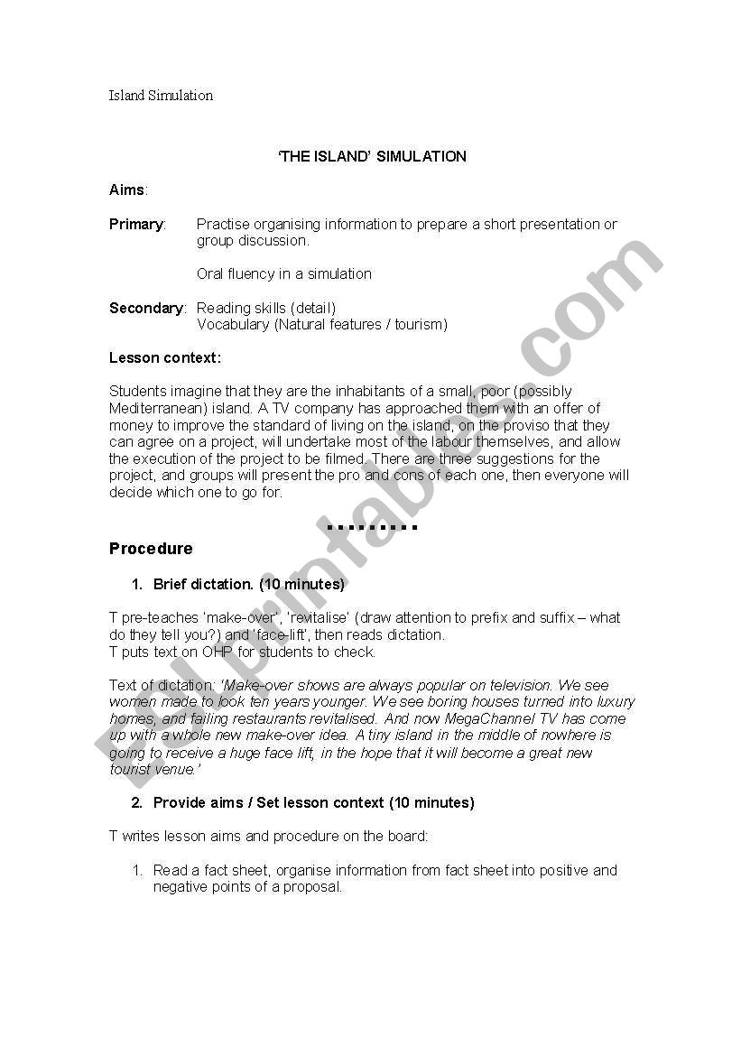 The Island A Simulation worksheet