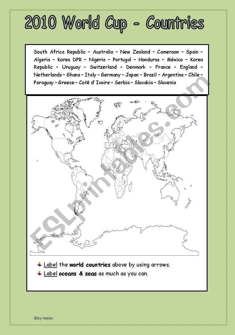 2010 World cup - Countries worksheet