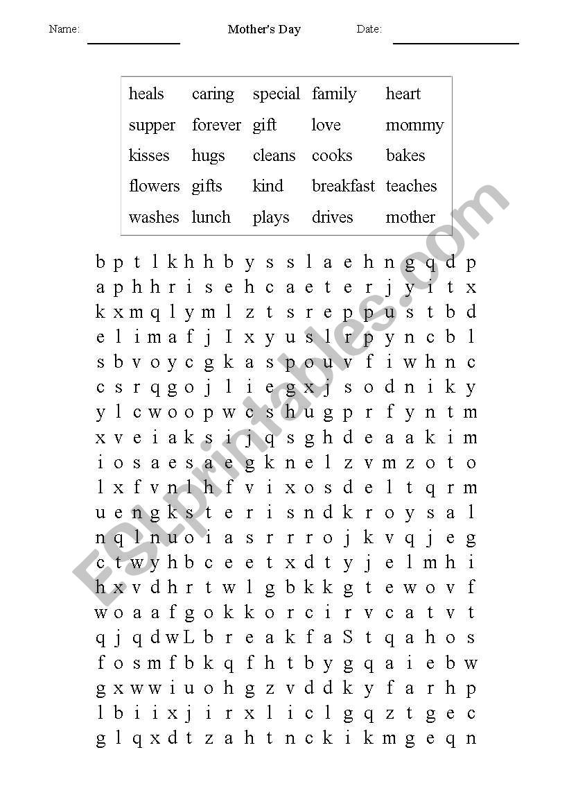 Mother day wordsearch worksheet