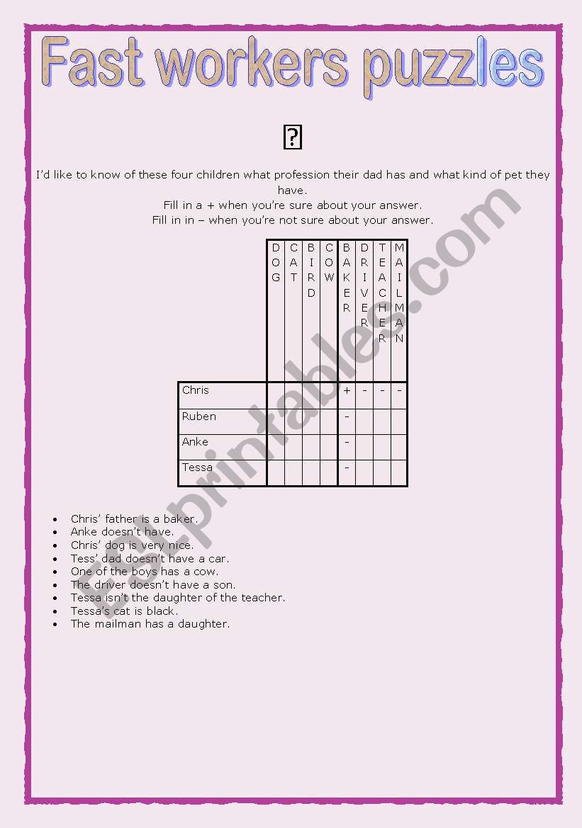 Fast workers puzzles worksheet