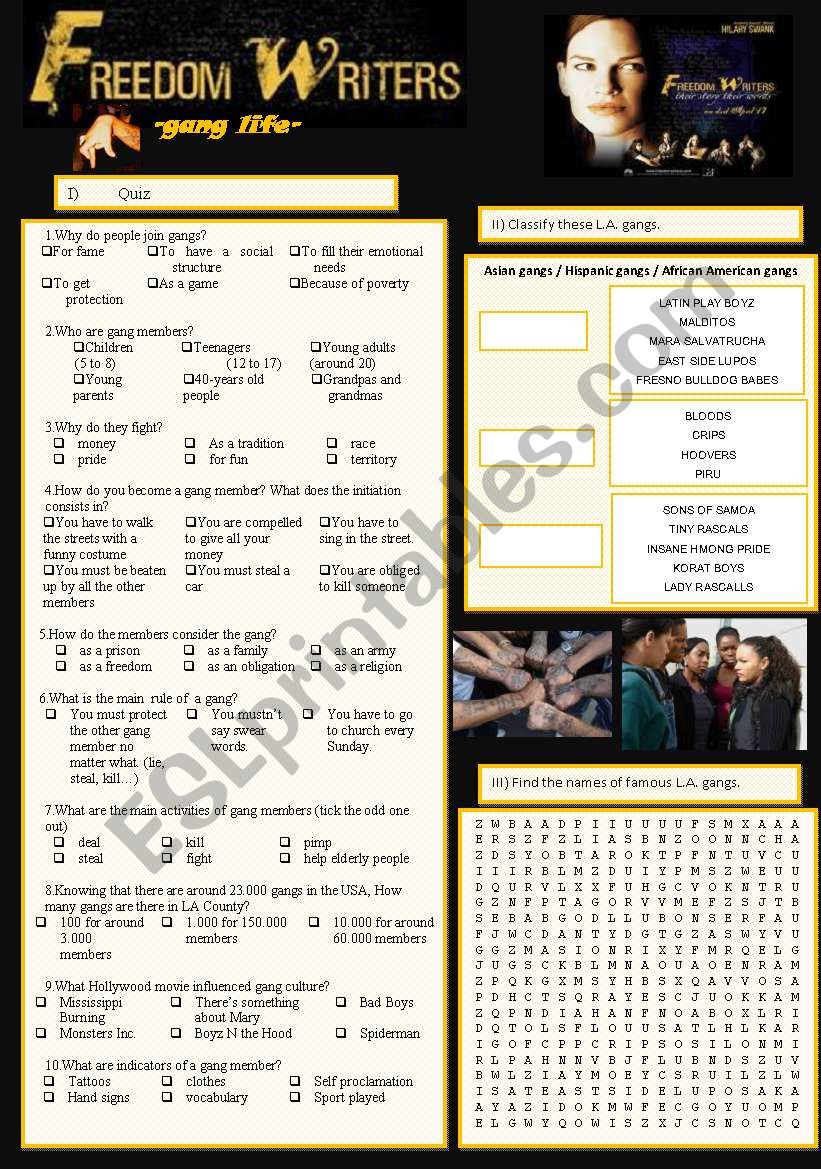 Freedom Writers 4/7 gang life worksheet