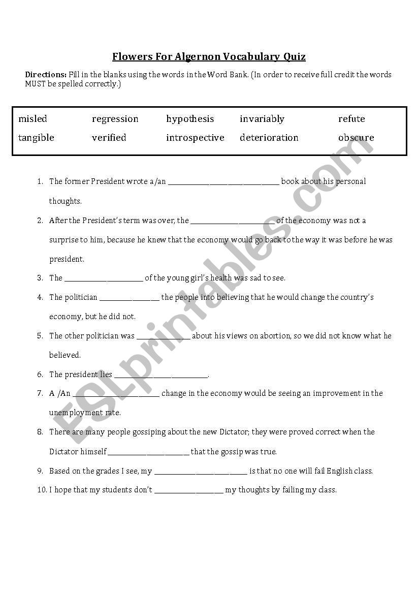 Flowers for Algernon Vocabulary Quiz 