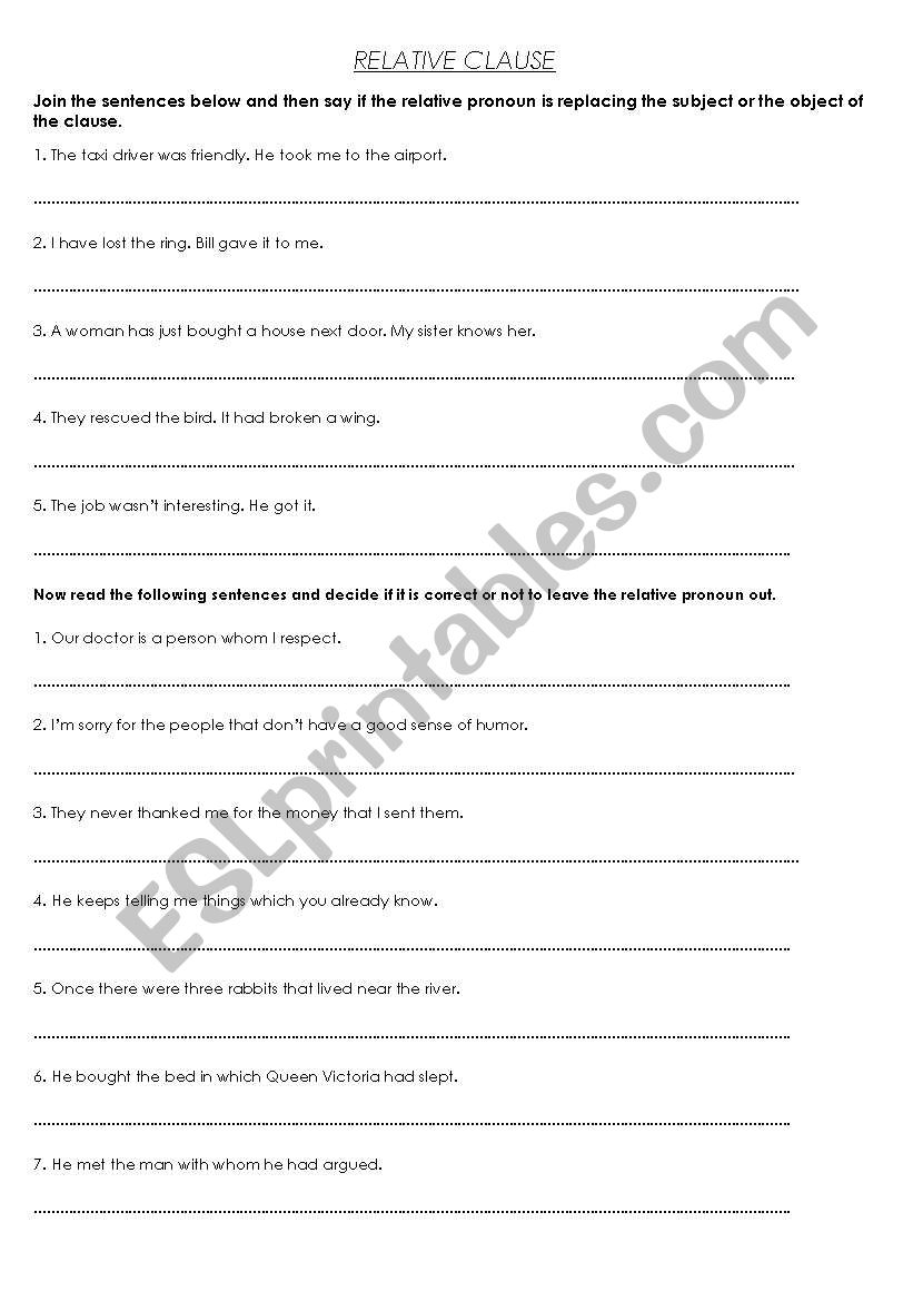 Relative Clause exercise worksheet