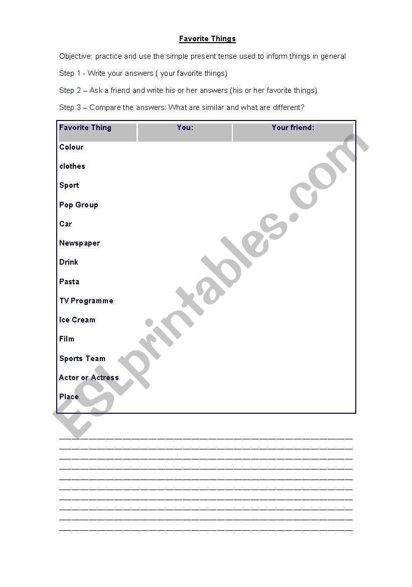 Favorite Things worksheet