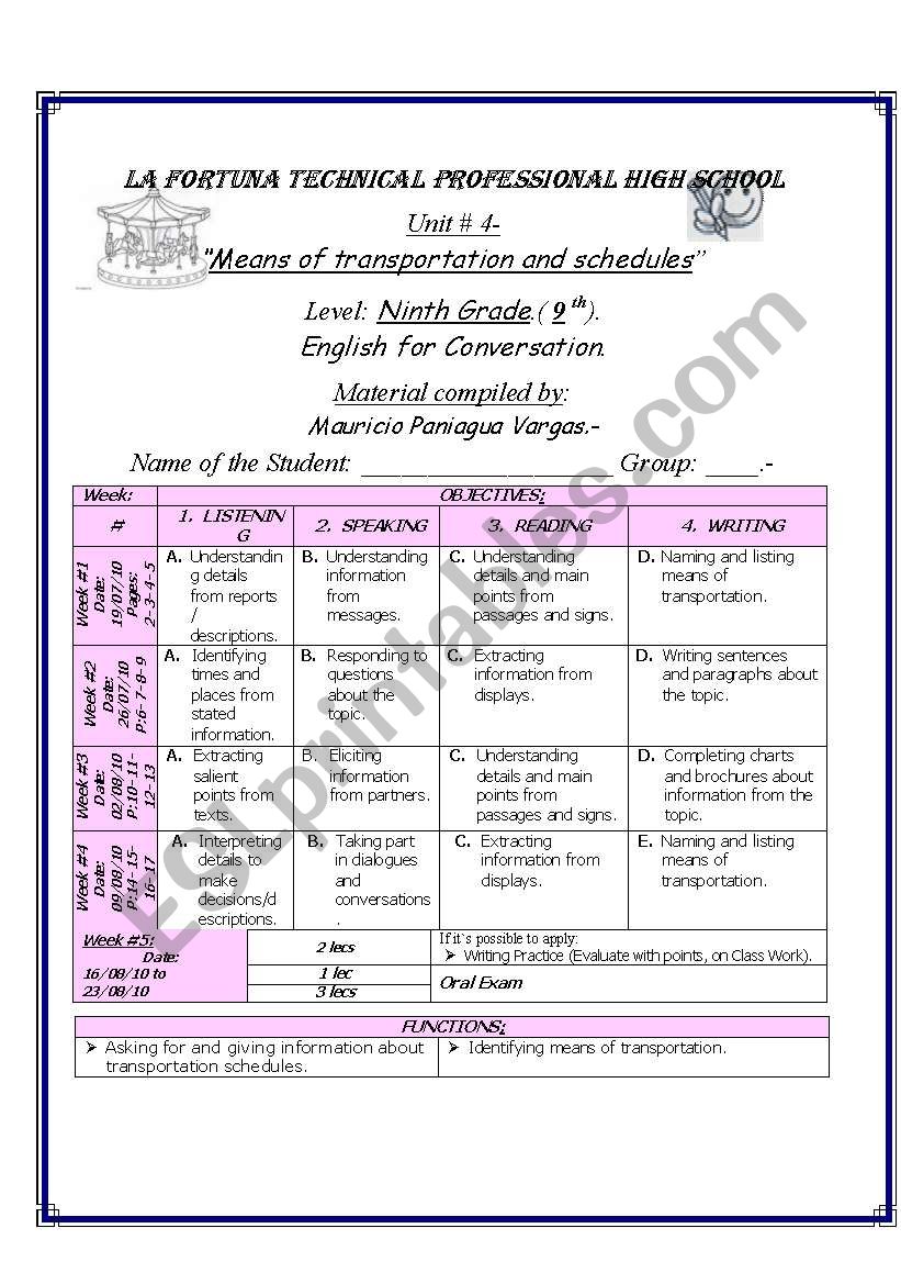 Portada, Lesson Plan Means of transportation, Englis for conversational, 8 grade