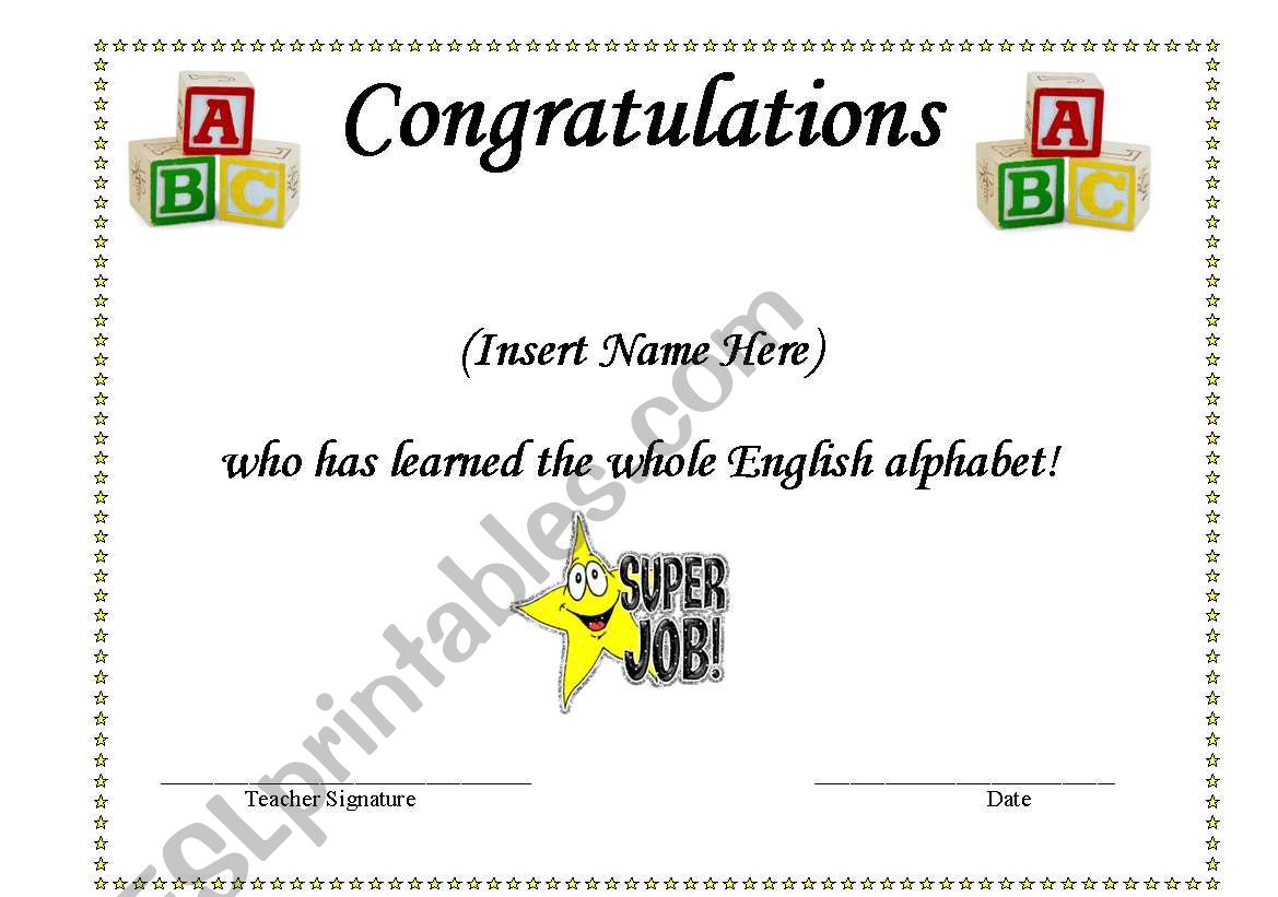 Editable award for learning alphabet in english