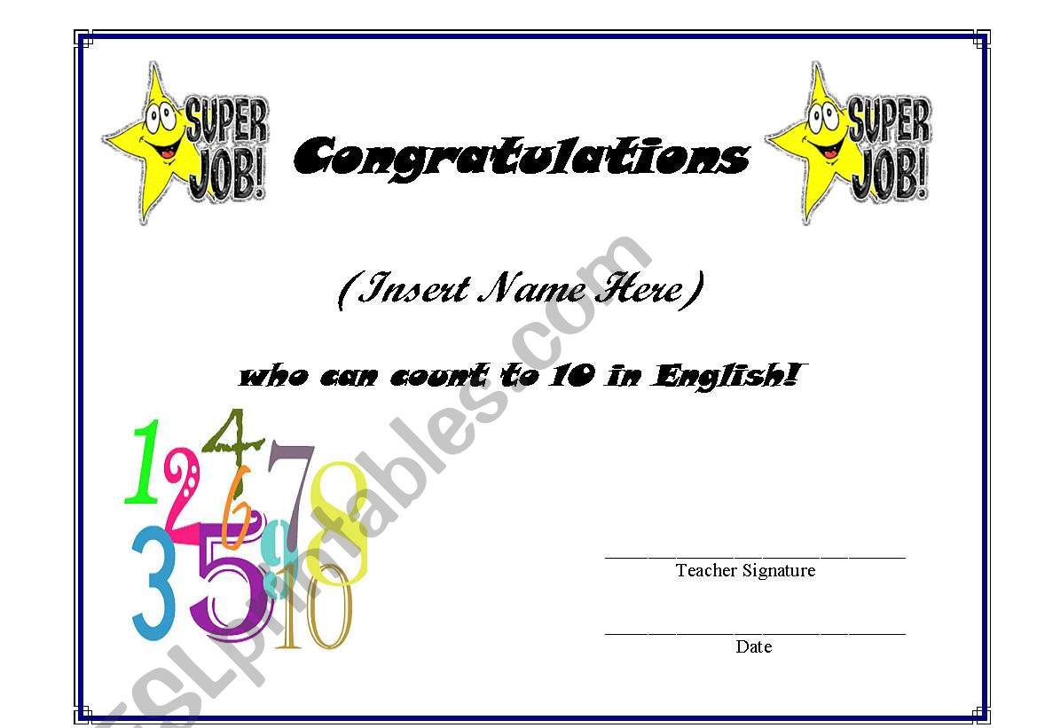 FULLY EDITABLE award for learning English numbers to 10