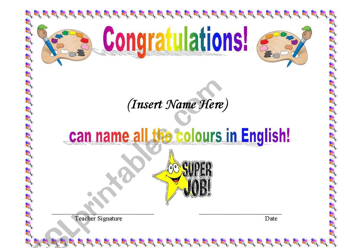 FULLY EDITABLE award for learning English colours