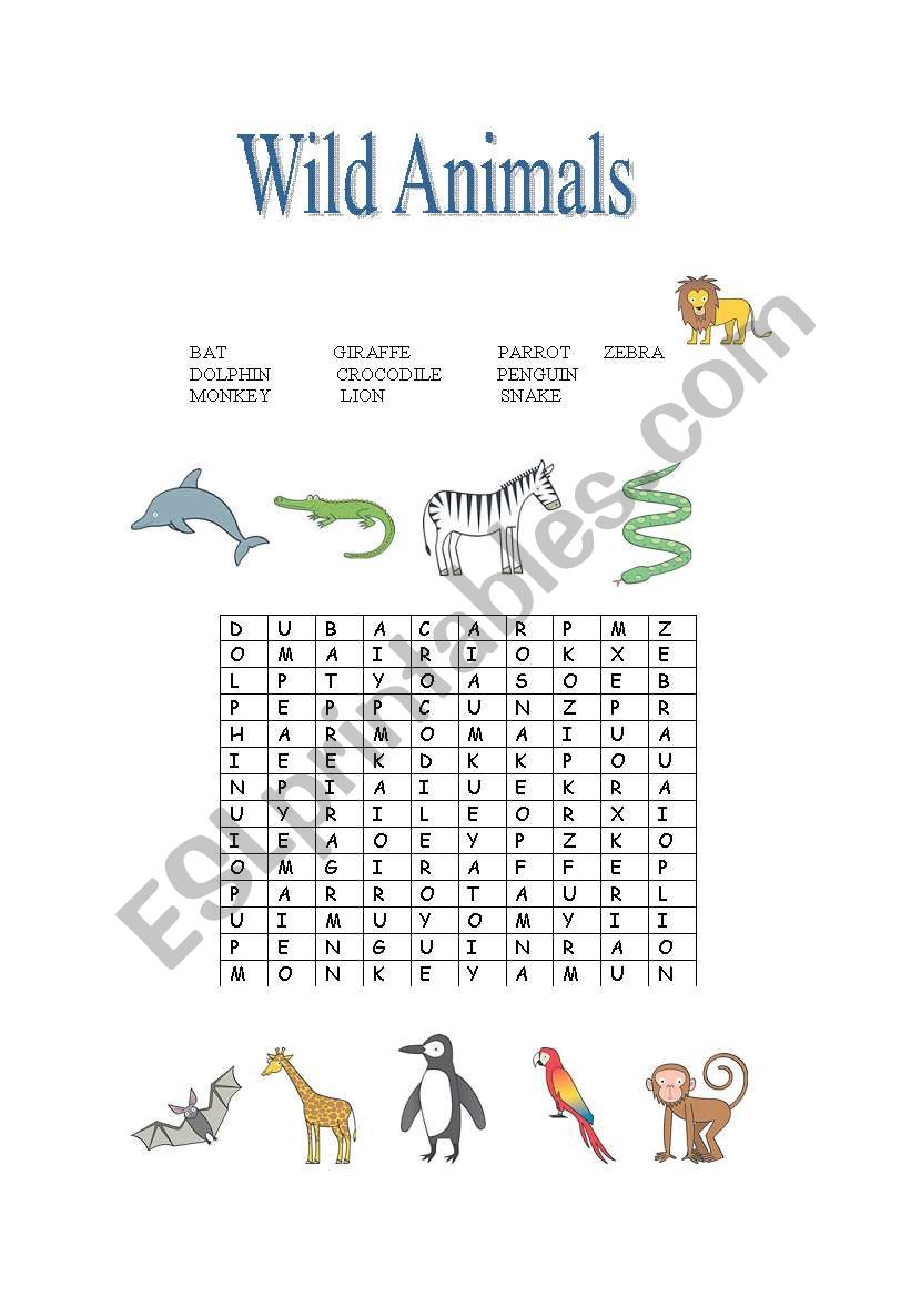 Wild animals letter soup worksheet