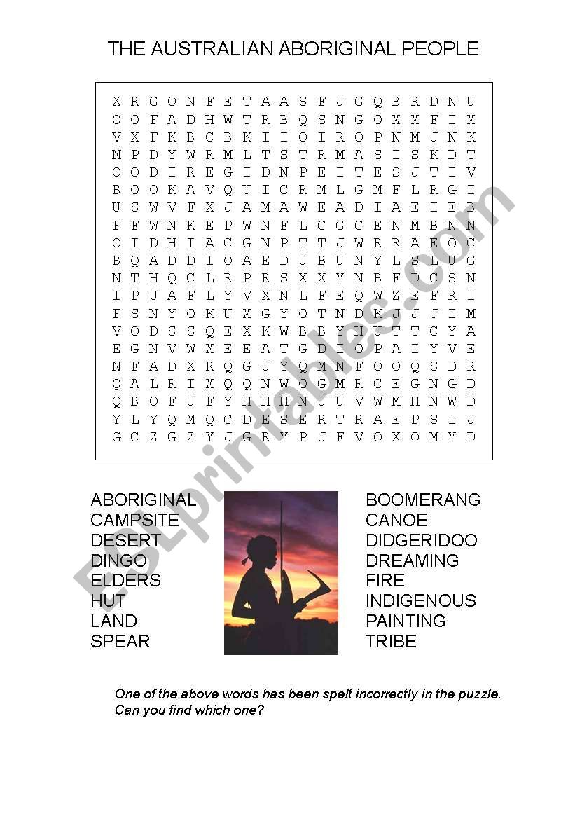 Aboriginal Wordsearch worksheet