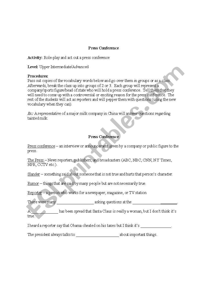 Press Conference worksheet