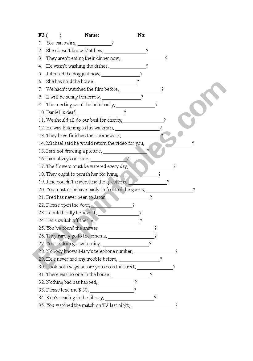 question tag worksheet