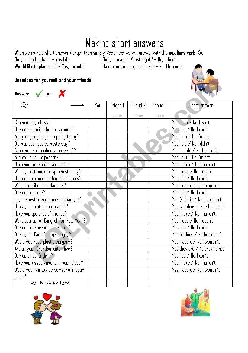 Making short answers worksheet