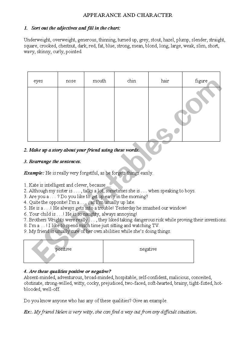 Appearance and character worksheet