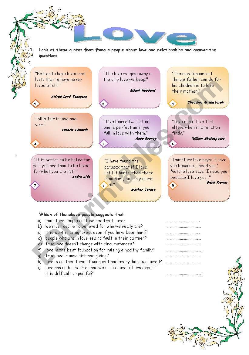 Love Quotes Read and Match worksheet