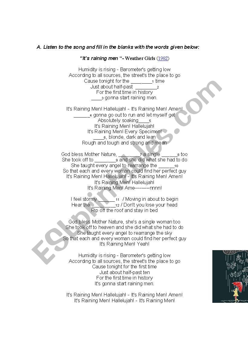 ItÂ´s raining men (song) worksheet