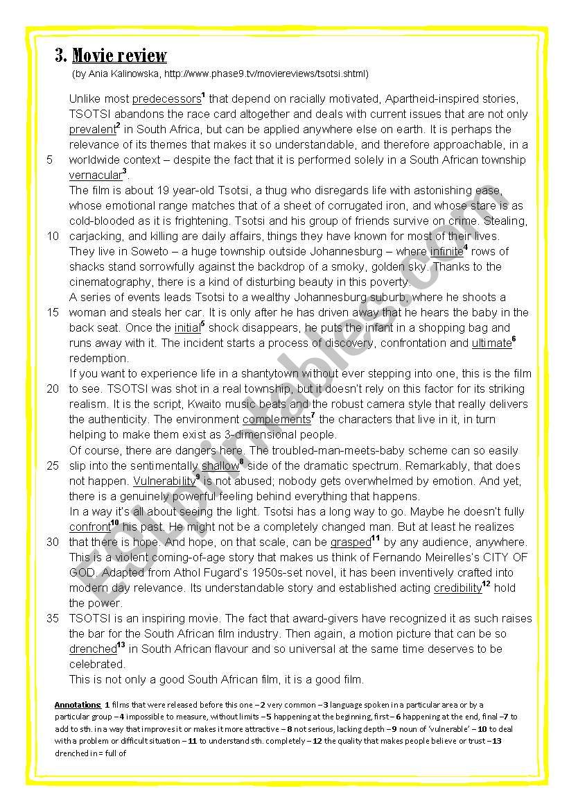 Worksheet on the South African film Tsotsi (3 of 3)