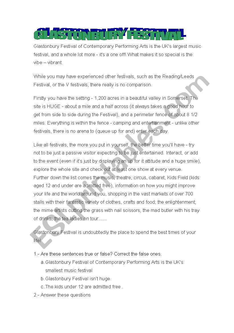 Glastonbury  festival worksheet