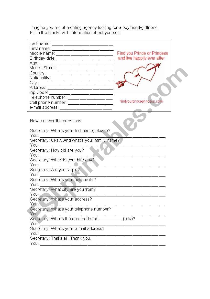 Personal Information worksheet