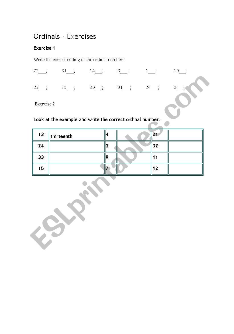 Ordinal numbers worksheet