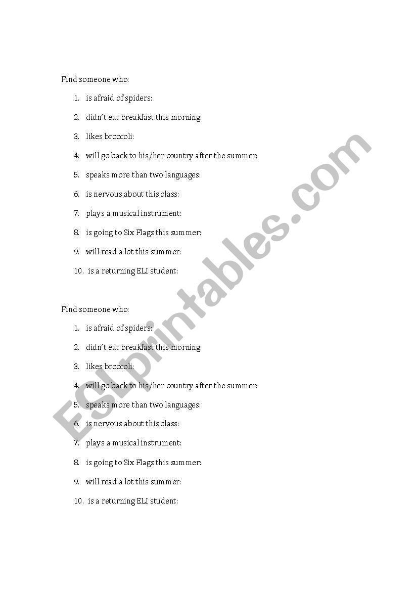 Find Someone Who Human Bingo worksheet
