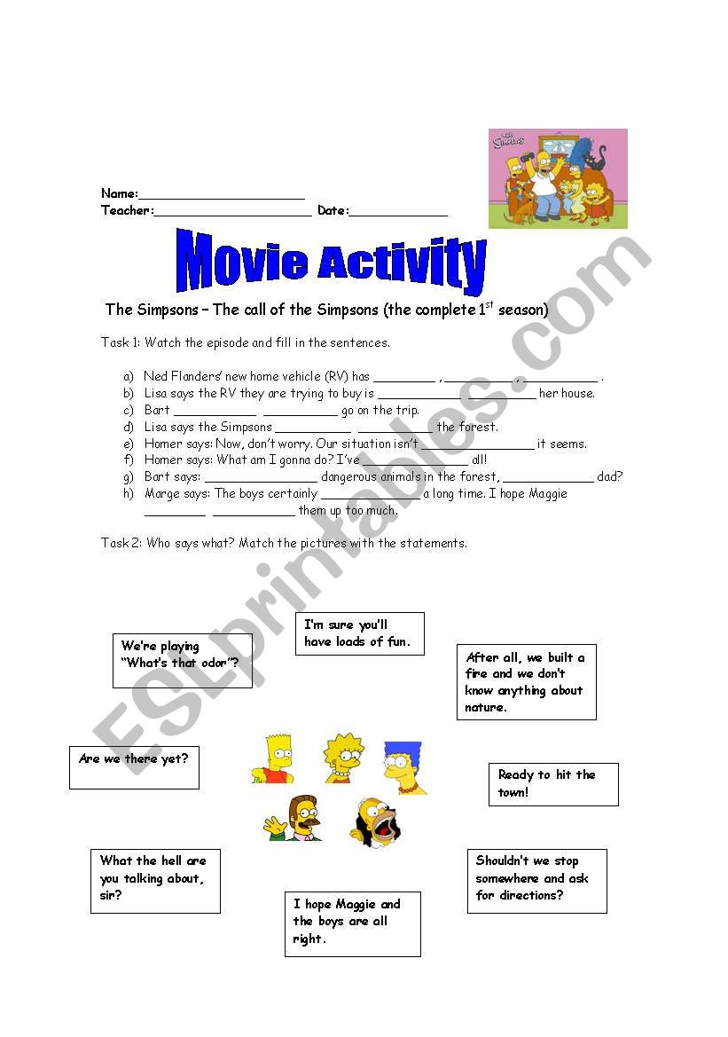 The Simpsons Movie activity worksheet