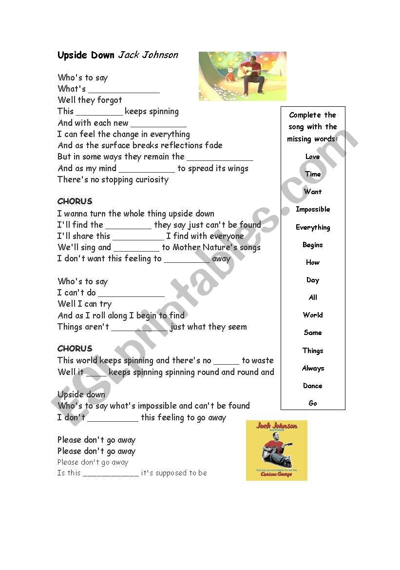 Upside Down - Jack Johnson worksheet