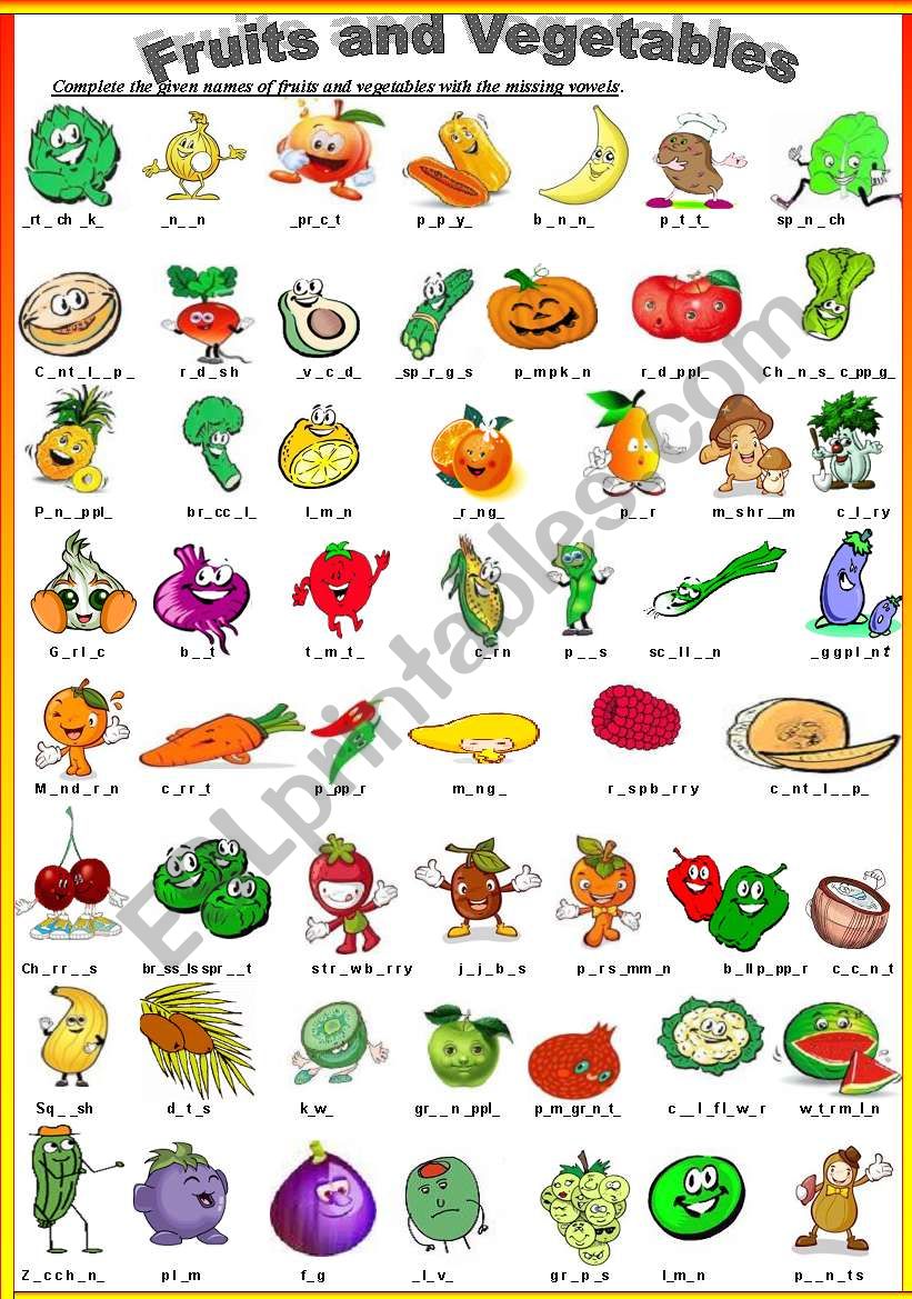 Complete names of fruits and vegetables with missing vowels