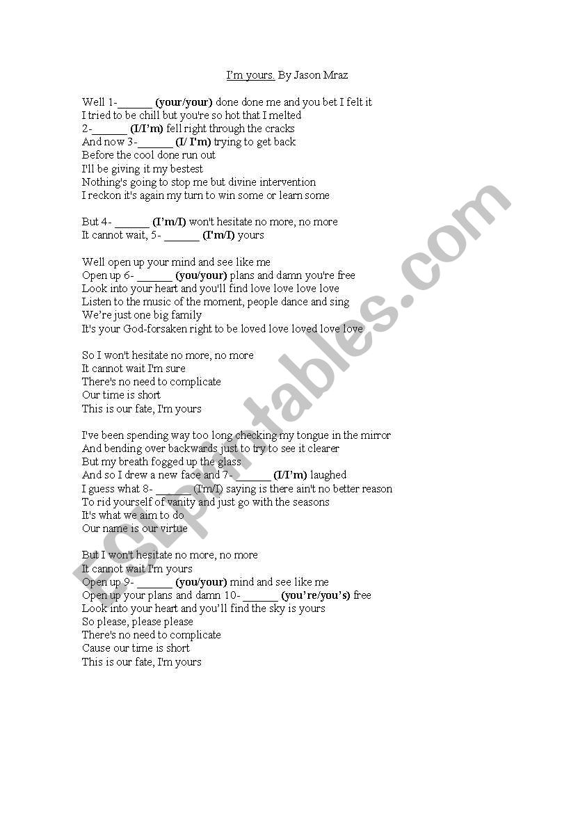 Song Im yours by Jason Mraz worksheet