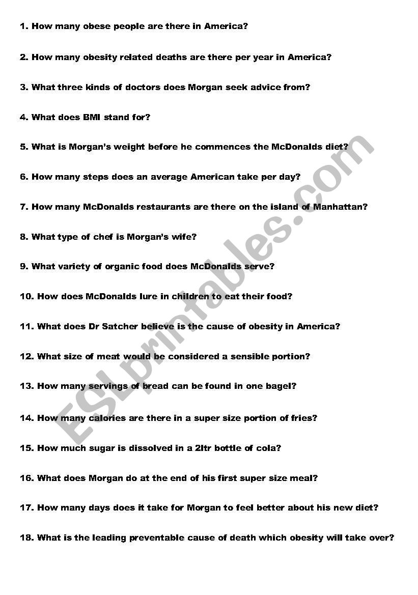 Super size me worksheet