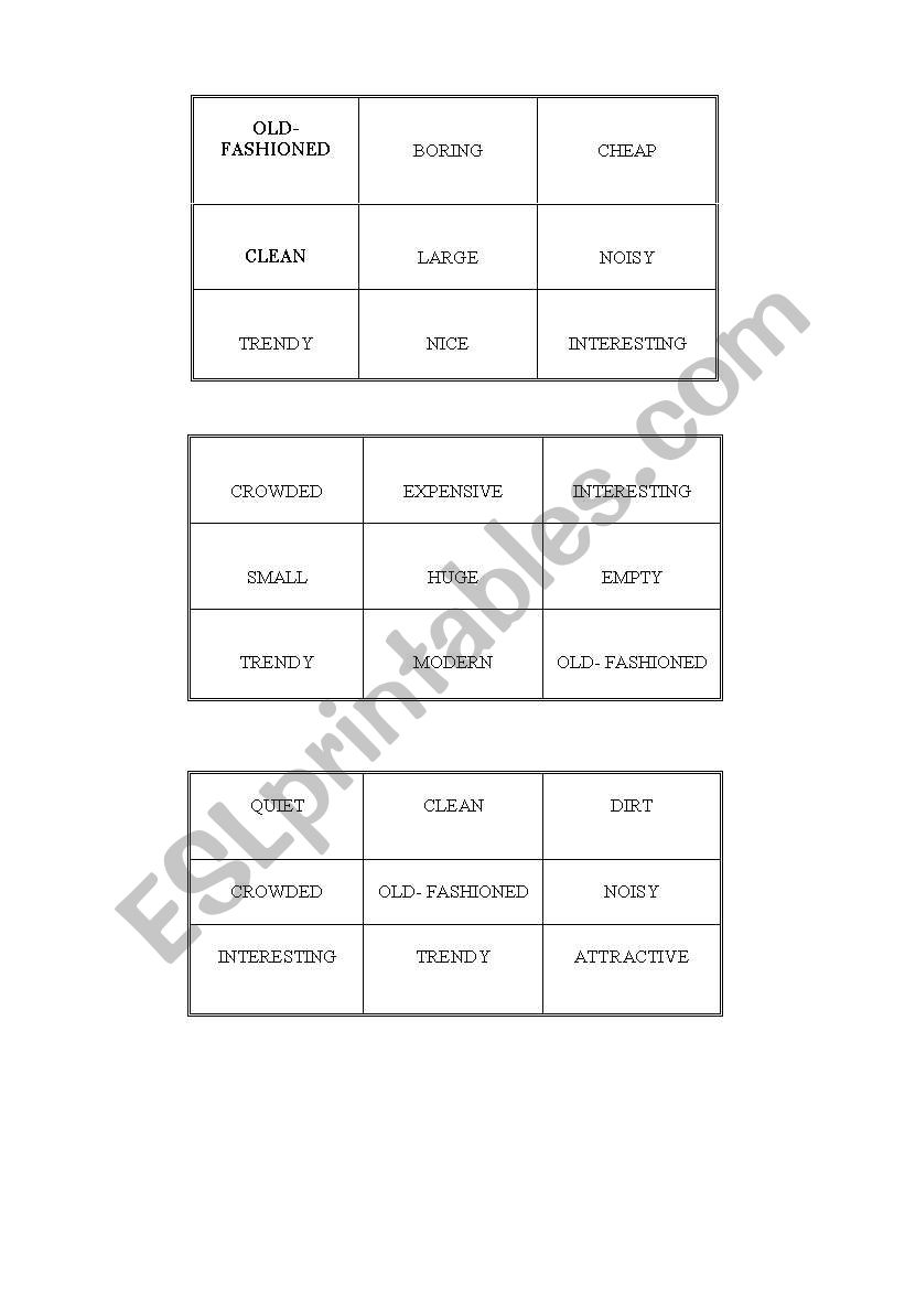 City description- adjectives NOUGHTS AND CROSSES CARDS