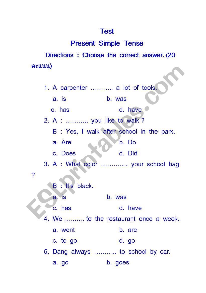 present simple Test worksheet
