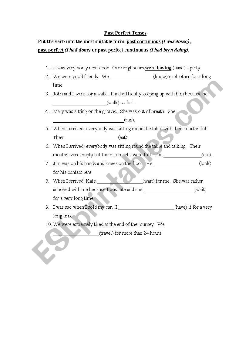 Past Perfect Continous Worksheet