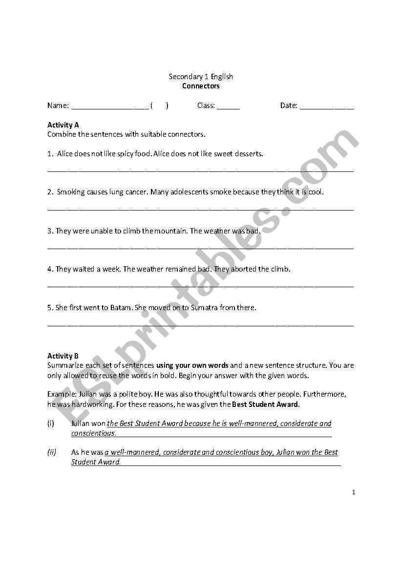 Connectors worksheet