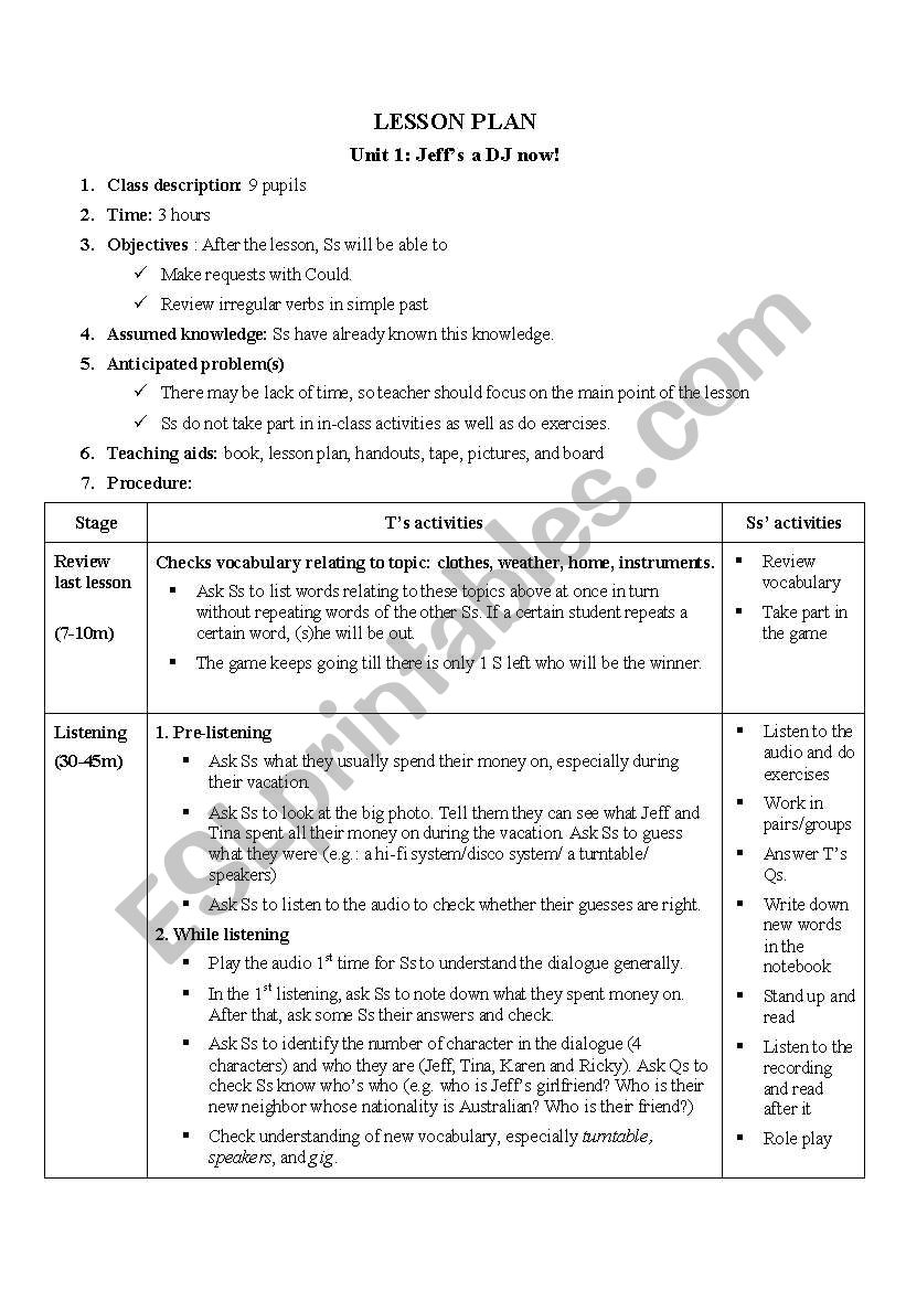 lesson plan for unit 1 star team 2