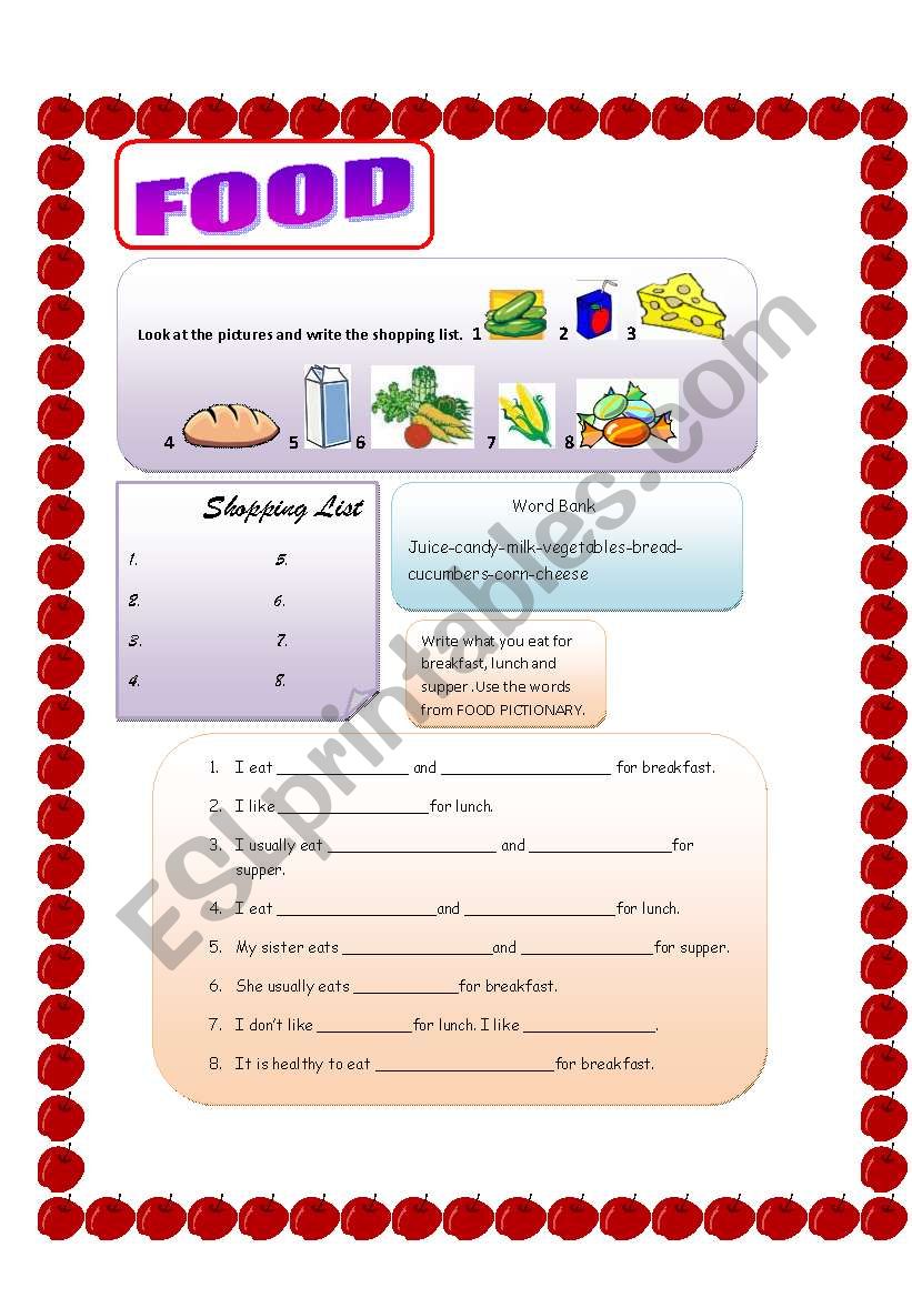 Shopping list worksheet