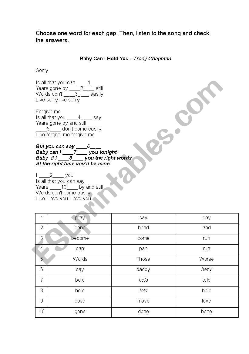 Bingo Baby Can I Hold You worksheet