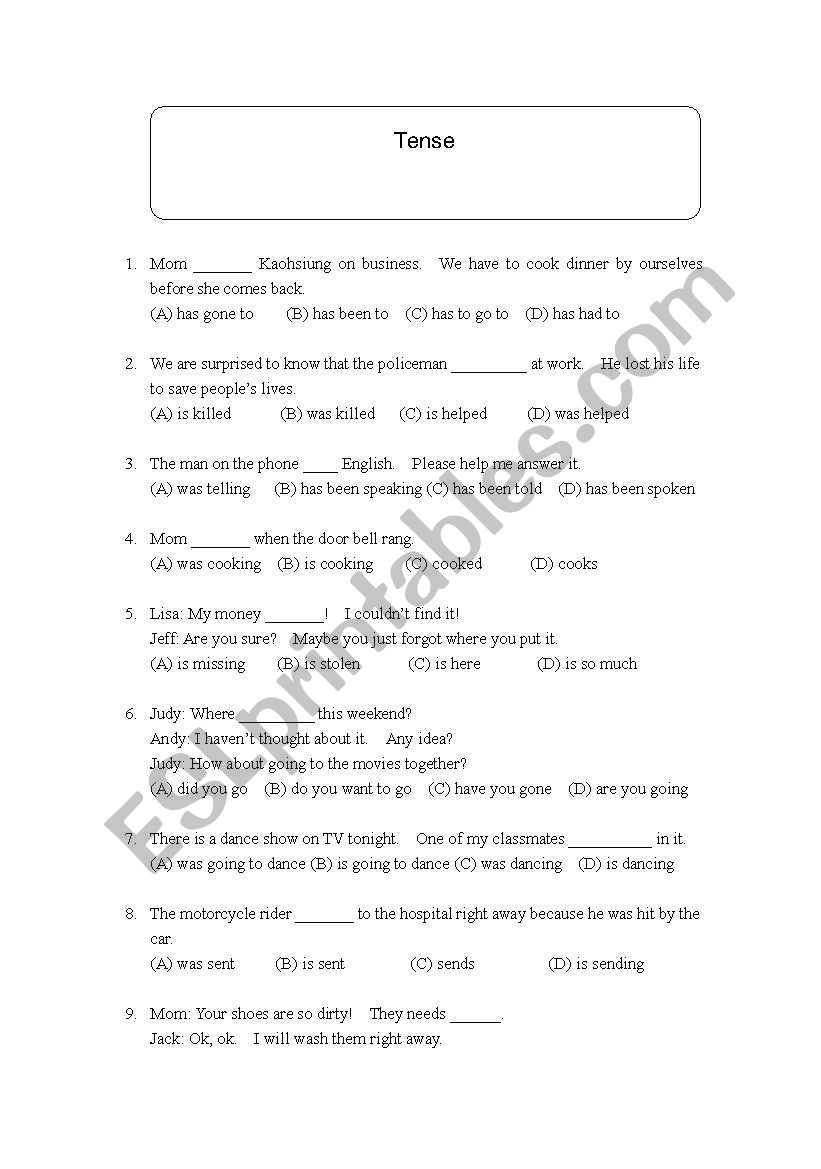 tense worksheet