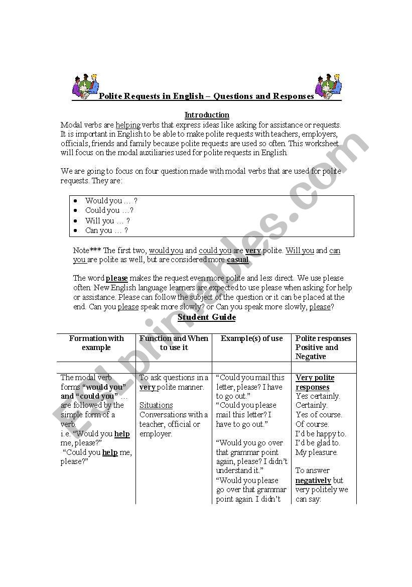 Polite Requests in English - Using Four Modal Verb Questions - Student Guide - Explanations - Exercise and Answer Key