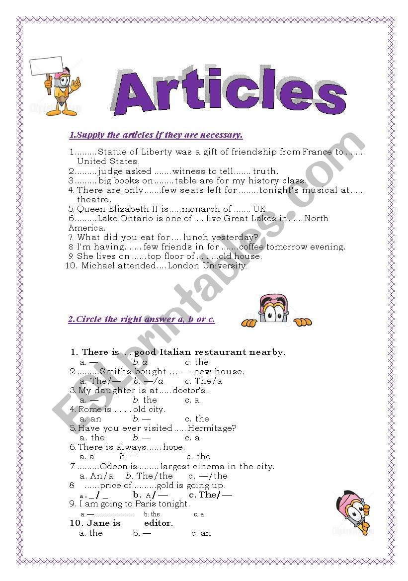 articles worksheet