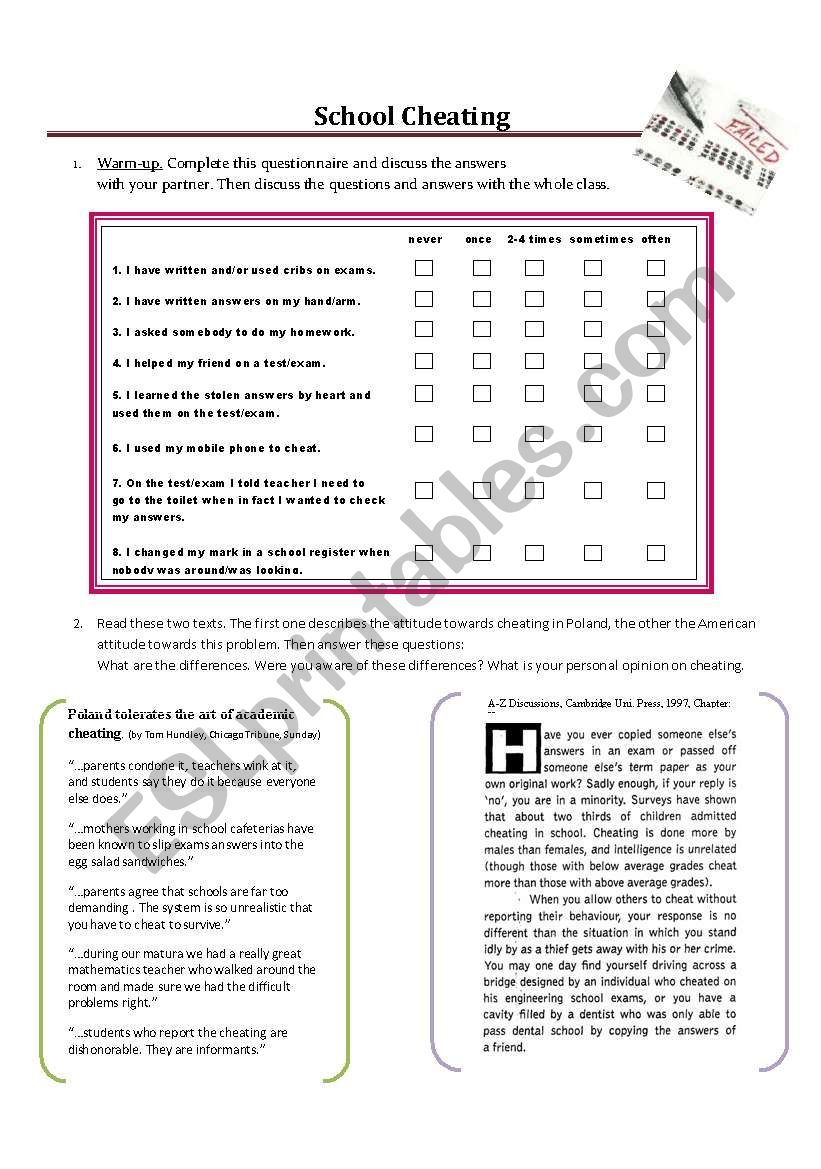 2. SCHOOL CHEATING worksheet for speaking on cultural differences + TEACHERS NOTES - extended!  