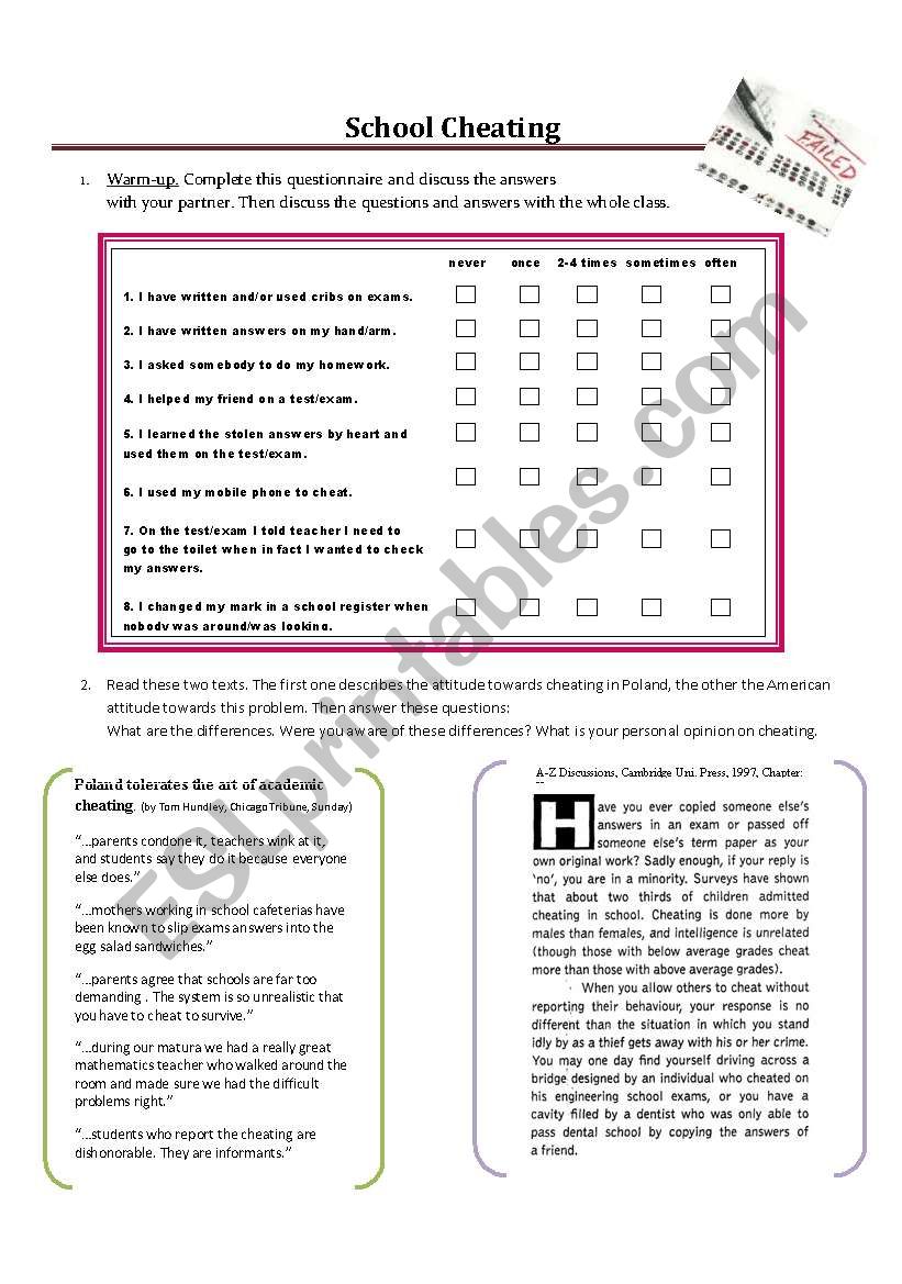 2. SCHOOL CHEATING worksheet for speaking on cultural differences + TEACHERÂ´S NOTES - extended!  